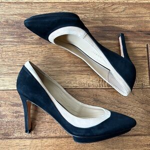 LOEFFLER Randall Aline Pointed Toe Demi Platform Heels Suede Black & Beige 6.5